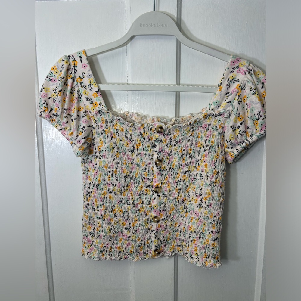MUDD Floral and White Smocked Crop Top with Cute Ruffle Details